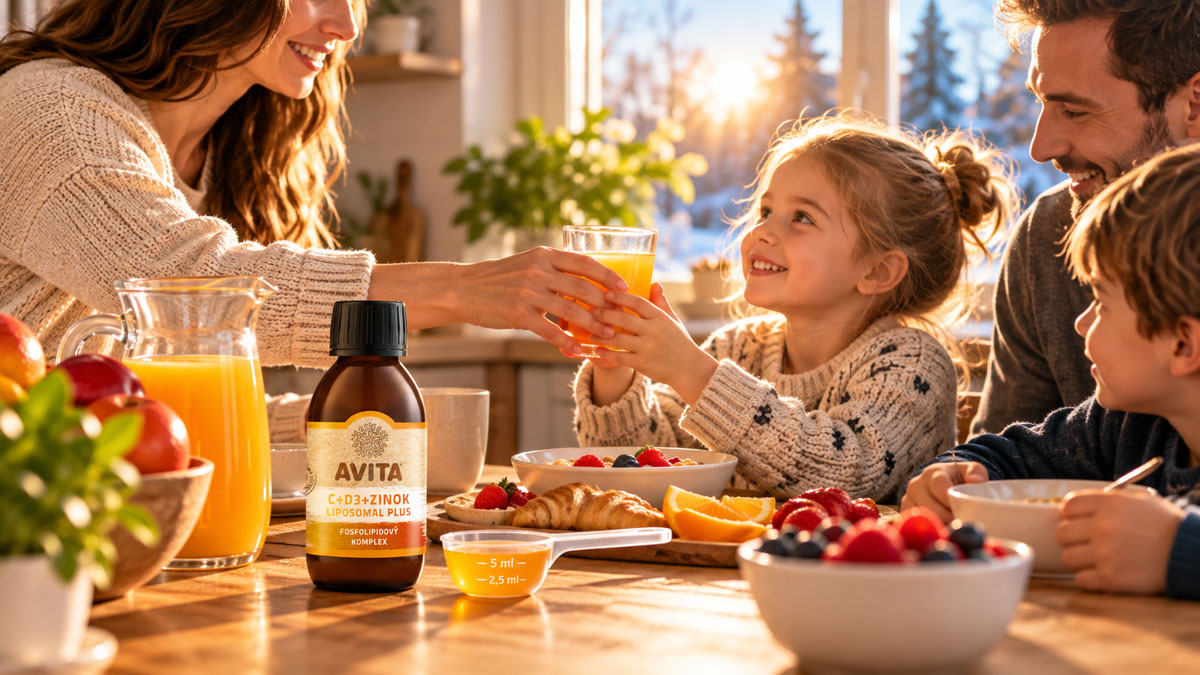 Rodinná ranní rutina s doplňkem vitamínu D ke snídani